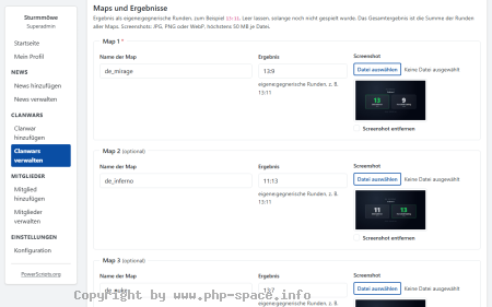 Screenshot Formular zum Bearbeiten eines Clanwars mit Map-Namen, Rundenergebnis und hochgeladenem Screenshot für jede der drei Maps anzeigen
