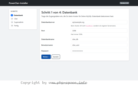 Screenshot Installer in Schritt 1 von 4 mit ausgefülltem Formular für Datenbankserver, Port, Datenbankname, Benutzer und Passwort anzeigen