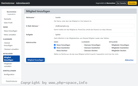 Screenshot Formular zum Anlegen des Mitglieds Seebär mit E-Mail-Adresse, Aufgabe und einzeln wählbaren Rechten für News, Clanwars und Mitglieder anzeigen