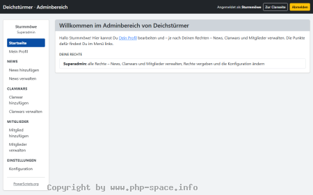 Screenshot Startseite des Adminbereichs mit Menü für News, Clanwars, Mitglieder und Konfiguration sowie den Rechten des Superadmins anzeigen