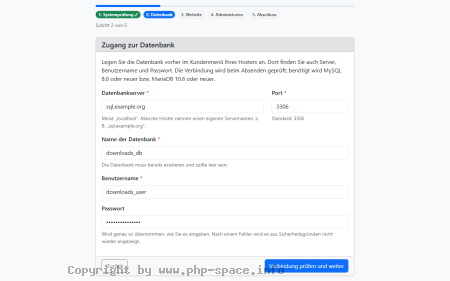 Screenshot Zweiter Schritt des Web-Installers mit Schrittleiste und ausgefülltem Formular für Datenbankserver, Port, Datenbankname, Benutzer und Passwort anzeigen