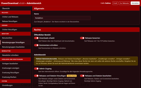 Screenshot Neue Benutzergruppe „Redaktion“ mit Schaltern für Rechte im öffentlichen Bereich und im Adminbereich samt Warnhinweis zu Admin-Rechten anzeigen