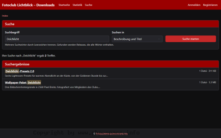 Screenshot Suchformular mit dem Begriff „Deichlicht“ und zwei gefundenen Releases, in deren Titeln der Suchbegriff markiert ist anzeigen