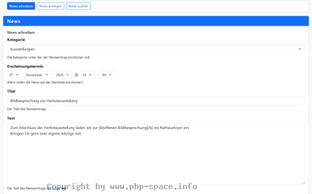 Screenshot Formular zum Schreiben einer News mit Kategorie, geplantem Erscheinungstermin, Titel und Text mit BB-Code anzeigen