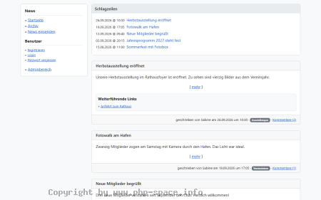 Screenshot Newsseite mit den fünf neuesten Schlagzeilen, darunter die News mit Kurztext, weiterführendem Link, Kategorie und Kommentarzahl anzeigen