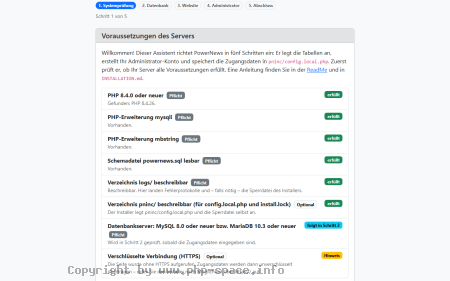 Screenshot Erster Schritt des Installers mit der Prüfung von PHP-Version, Erweiterungen und Schreibrechten, alle Pflichtpunkte erfüllt anzeigen