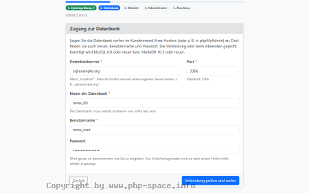 Screenshot Zweiter Schritt des Installers mit ausgefülltem Formular für Datenbankserver, Port, Datenbankname, Benutzer und Passwort anzeigen