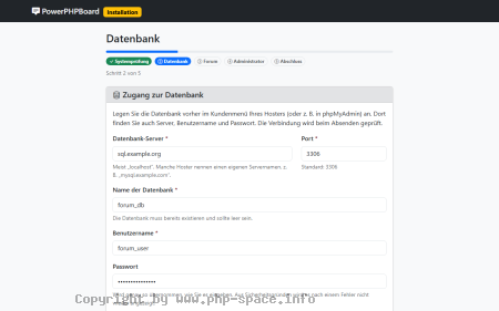 Screenshot Zweiter Schritt des Web-Installers mit Fortschrittsanzeige und ausgefülltem Formular für Datenbank-Server, Datenbank und Benutzer anzeigen