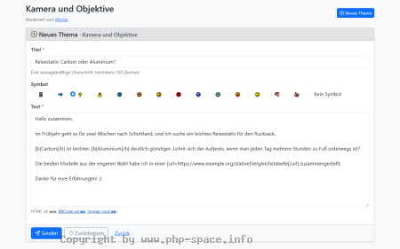 Screenshot Formular für ein neues Thema mit Titel, Auswahl eines Symbols und Text mit BBCode für Fettschrift und Link anzeigen