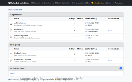 Screenshot Startseite des Forums mit den Kategorien Allgemeines und Fotografie, Beitragszahlen, letztem Beitrag und Moderatoren je Board anzeigen