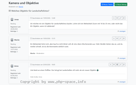 Screenshot Thema zur Objektivwahl mit drei Beiträgen, Autorenspalte mit Rang und Registrierdatum, Signaturen und Schaltflächen je Beitrag anzeigen