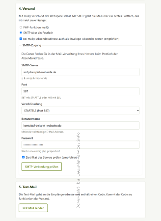 Screenshot Versand per SMTP über ein eigenes Postfach, mit Verbindungstest und anschließender Test-Mail. anzeigen