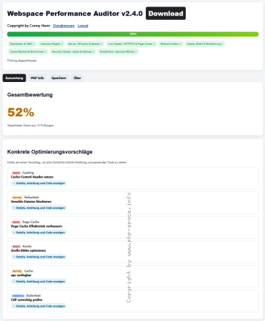 Screenshot Die Auswertung des Webspace Auditor: Gesamtbewertung aus 14 Prüfungen und konkrete Optimierungsvorschläge, die sich mit Anleitung und Beispiel-Code aufklappen lassen. anzeigen