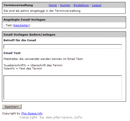 Screenshot Eingabemaske zum ändern der E-Mail templates, welche an einen Ereignistag versendet werden. anzeigen