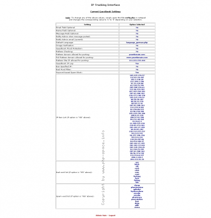 Screenshot Hier sind die Gästebuch Settings aufgelistet, die man in der config.php umstellen kann. anzeigen