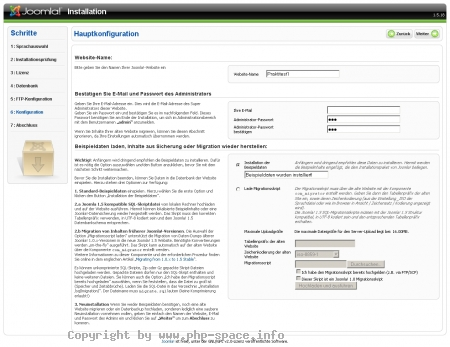 Screenshot Im vorletzten Schritt wird die Hauptkonfiguration vorgenommen, also der Name der Website festgelegt, E-Mail und Passwort des Admins bestätigt und eventuelle Beispieldaten bzw. Backupdaten geladen. anzeigen