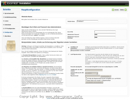Screenshot Im vorletzten Schritt wird die Hauptkonfiguration vorgenommen, also der Name der Website festgelegt, E-Mail und Passwort des Admins bestätigt und eventuelle Beispieldaten  bzw. Backupdaten geladen. anzeigen