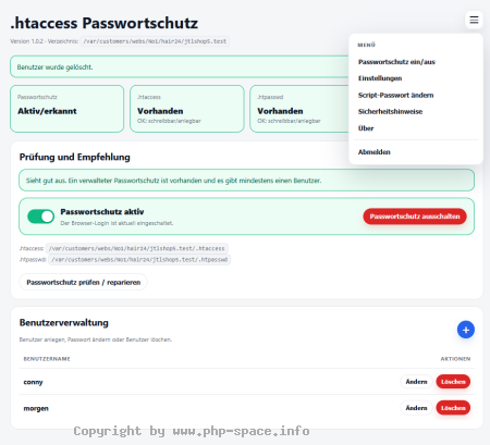 Screenshot Das Dashboard der .htaccess Benutzerverwaltung prüft .htaccess und .htpasswd, schaltet den Passwortschutz ein und aus und listet die Benutzer zum Ändern oder Löschen. anzeigen