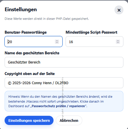 Screenshot In den Einstellungen legt man die Passwortlängen, den Namen des geschützten Bereichs und den Copyright-Hinweis fest. anzeigen