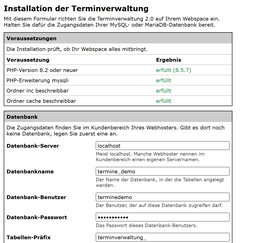 Installer mit Pr&uuml;fung der Voraussetzungen und Formular f&uuml;r Datenbank und Administrator