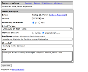 Formular zum Eintragen eines Termins mit Erinnerung per E-Mail