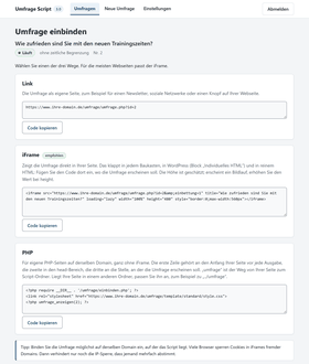 Seite Einbinden mit fertigem Code für Link, iFrame und PHP, jeweils mit einem Knopf zum Kopieren