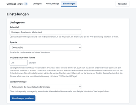 Einstellungen mit Seitentitel, Sprache, Dauer der IP-Sperre in Stunden und Standard-Umfrage