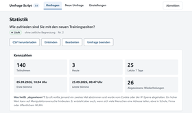 Statistik einer Umfrage mit Teilnahmen gesamt, heute und in den letzten 7 Tagen, erster und letzter Stimme und abgewiesenen Wiederholungen, darüber der Knopf CSV herunterladen