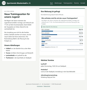 Dieselbe Vereinsseite nach der Stimme: Dank für die Teilnahme und Ergebnis mit Balken, Prozentwerten und Zahl der abgegebenen Stimmen