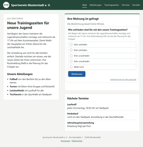 Umfrage per iFrame auf der Webseite eines Sportvereins: Frage nach den neuen Trainingszeiten mit Beschreibung und fünf Antworten zur Auswahl